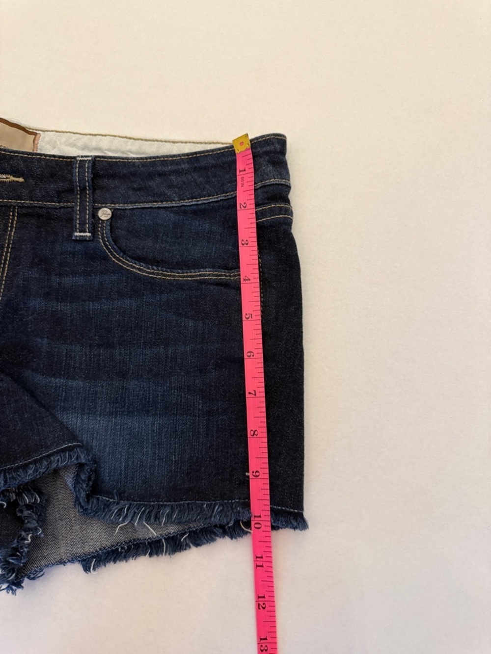 PAIGE Dark Indigo Frayed Hem Jean Shorts - Picture 7 of 9